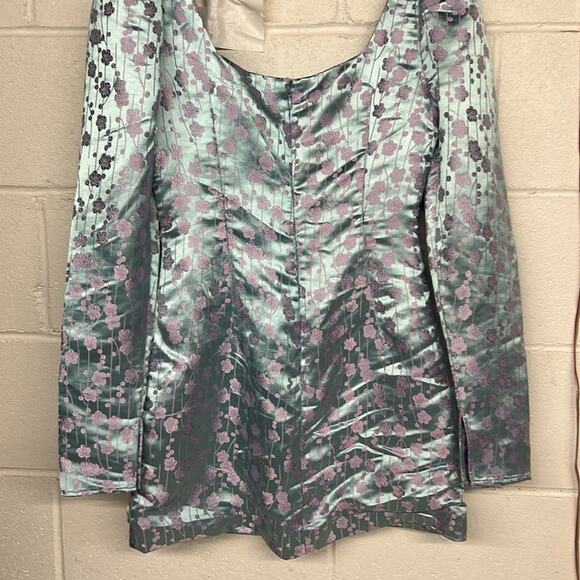 RTR Satin sz 14 xl blue silk Sau lee dress purple flowers long sleeve mini silky - Picture 4 of 7